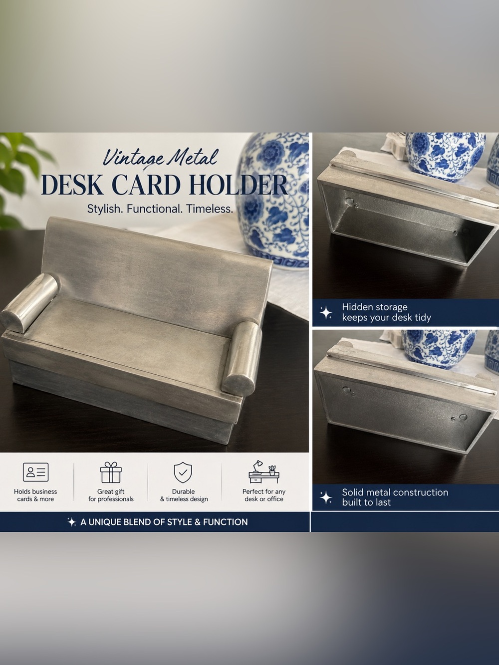 Vintage Metal Business Card Holder / Desk Organizer